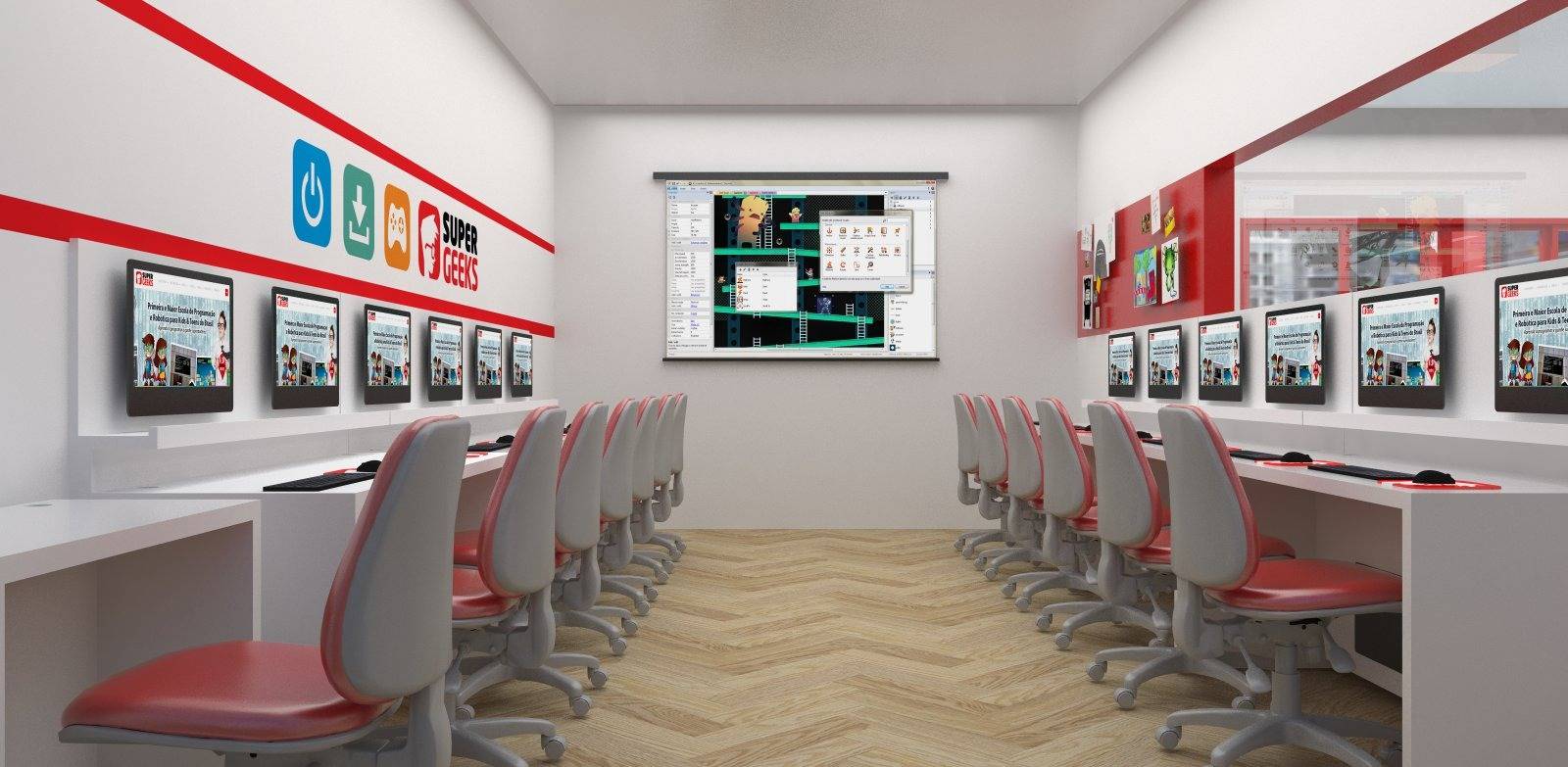 Crianças diversas com trajes profissionais aprendendo tecnologia em ambiente moderno com computadores, telas digitais e robôs